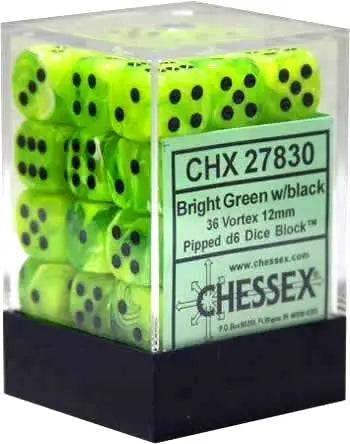 Chessex - Würfelset - Vortex - Bright Green / Black - 12mm - d6 - Dice Block - 36 Stück
