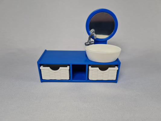 Playmobil blauer Waschtisch mit Spiegel und weißen Körben-Badezimmer-Ersatzteil-Zubehör - 0405