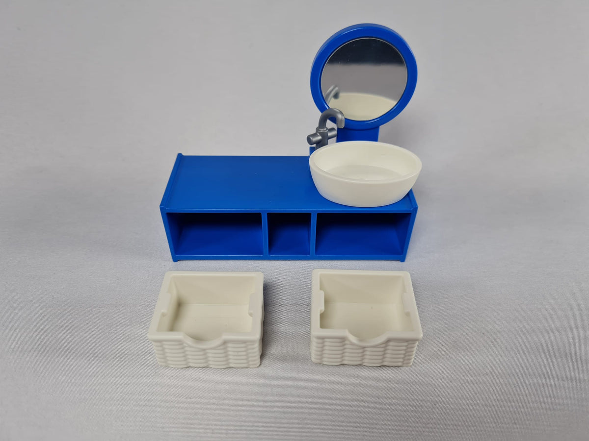 Playmobil blauer Waschtisch mit Spiegel und weißen Körben-Badezimmer-Ersatzteil-Zubehör - 0405