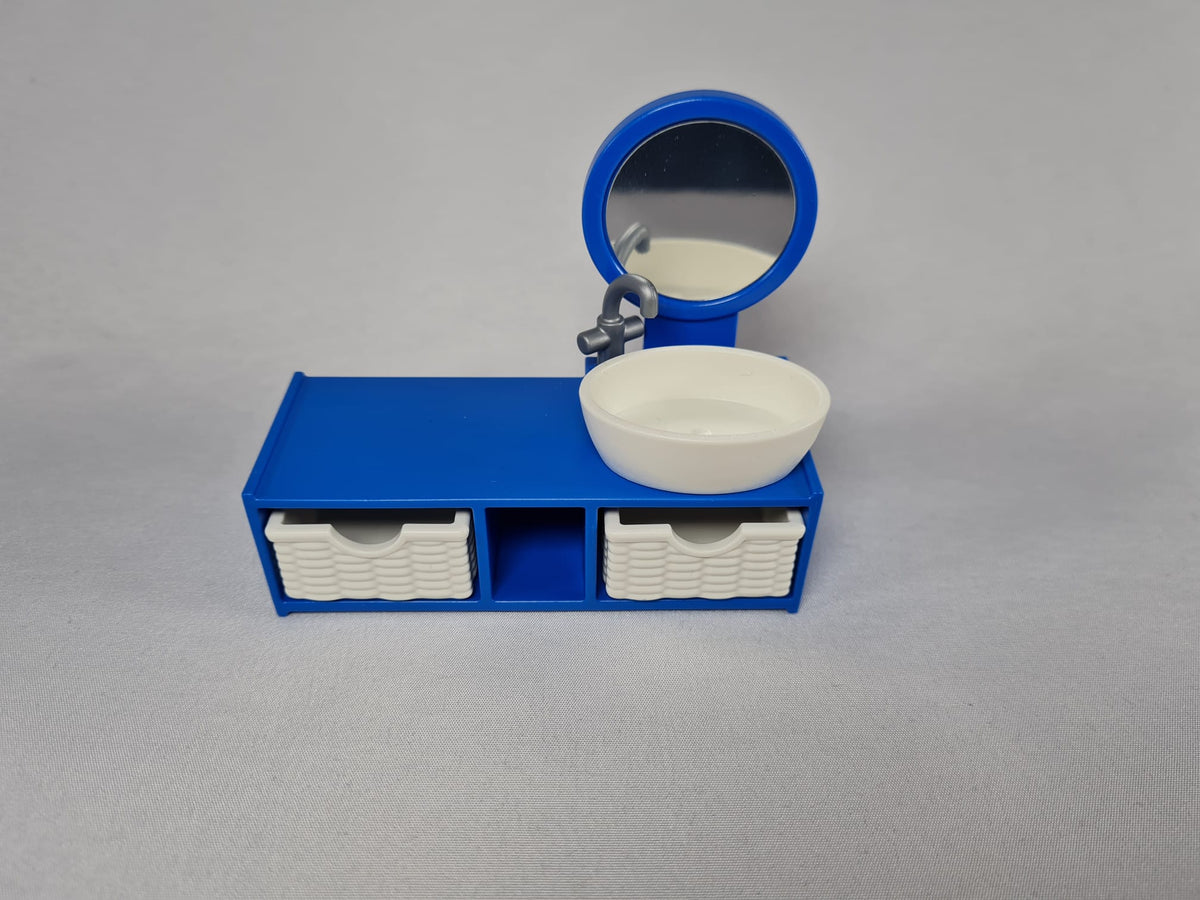 Playmobil blauer Waschtisch mit Spiegel und weißen Körben-Badezimmer-Ersatzteil-Zubehör - 0405